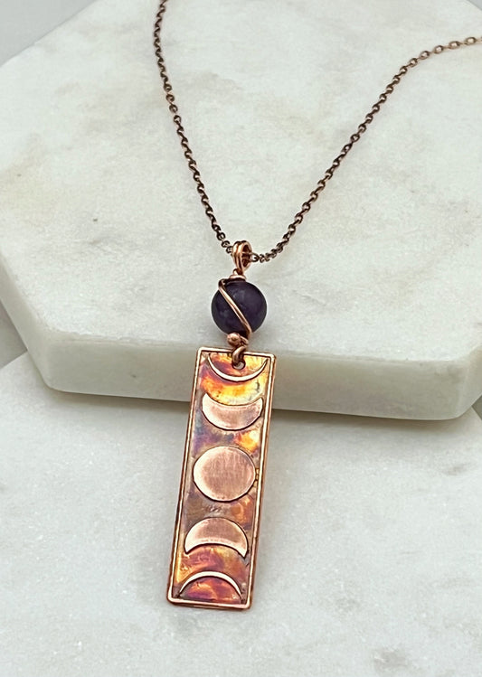 Moon phase acid etched copper necklace with amethyst gemstone