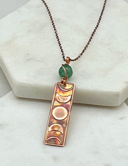 Moon phase acid etched copper necklace with aventurine gemstone
