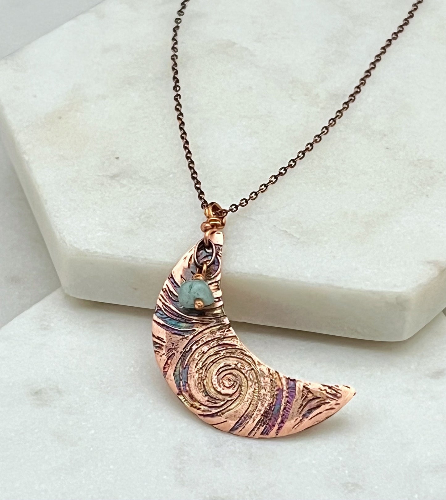 Acid etched copper crescent necklace with fire agate gemstone
