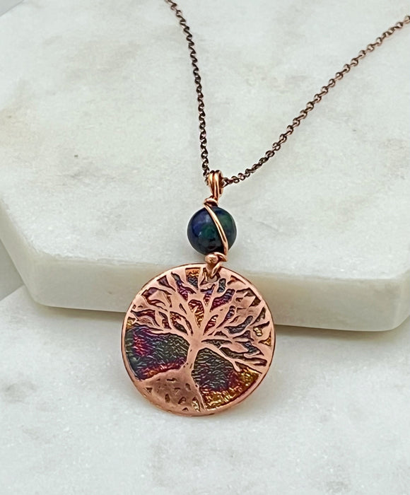 Acid etched copper tree necklace with chrysocolla gemstone