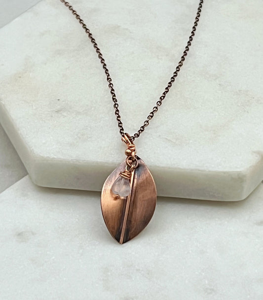 Hand forged copper leaf necklace with moonstone