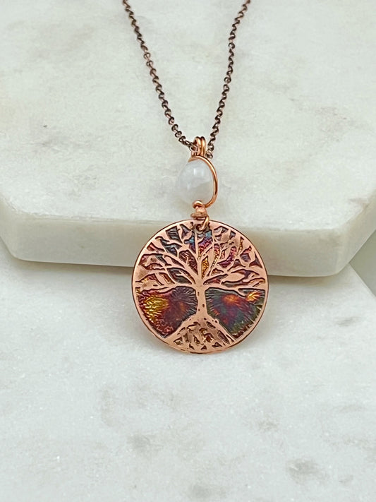Acid etched copper tree necklace with moonstone gemstone