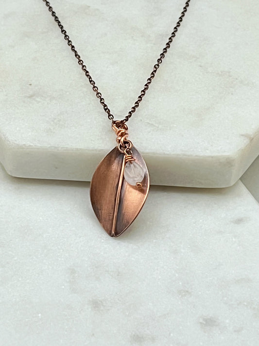 Hand forged copper leaf necklace with moonstone