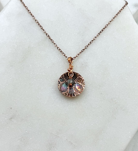 Acid etched copper necklace with prehnite gemstone