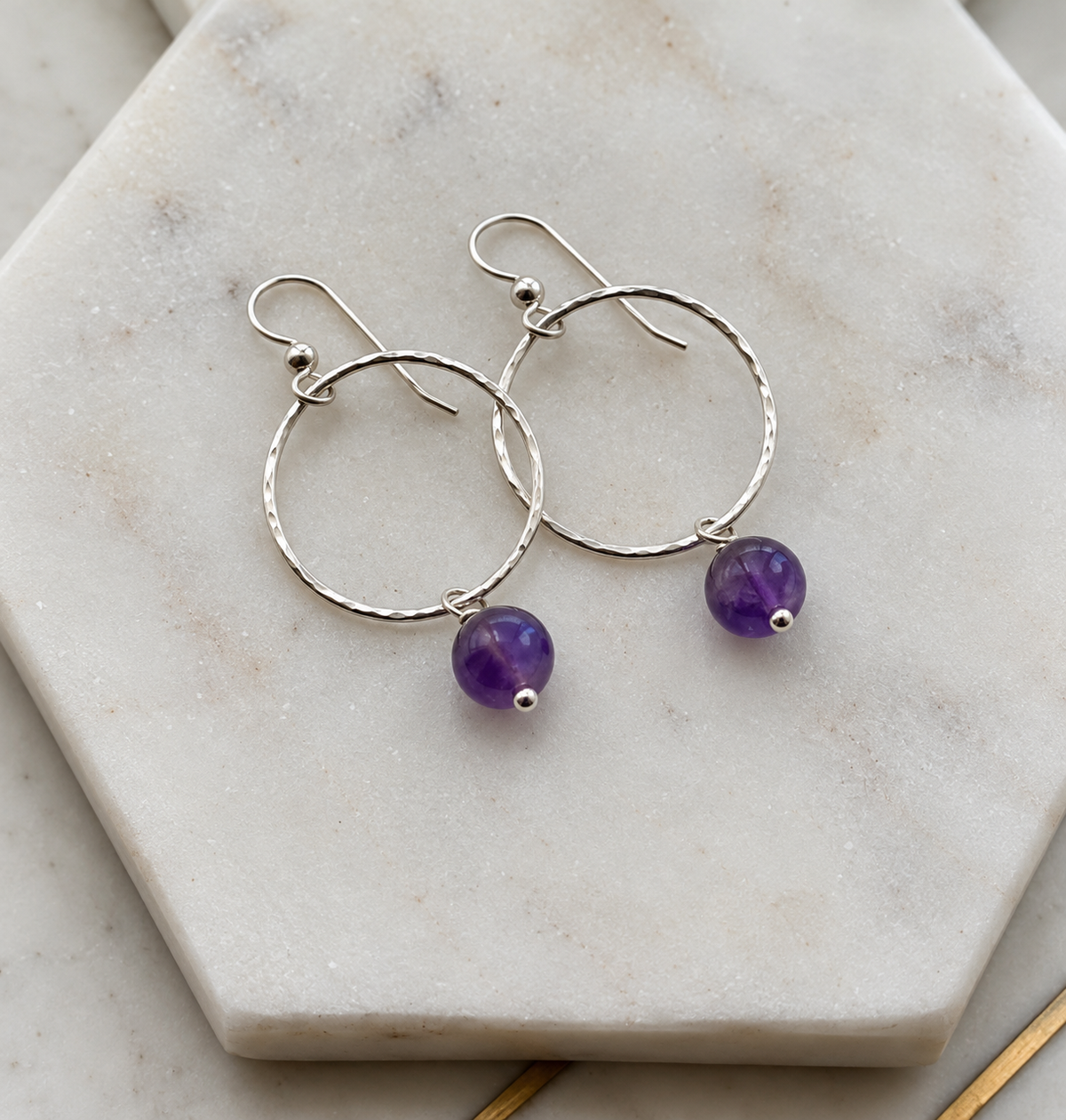 Amethyst & Hand-Forged Sterling Silver Hoop Earrings