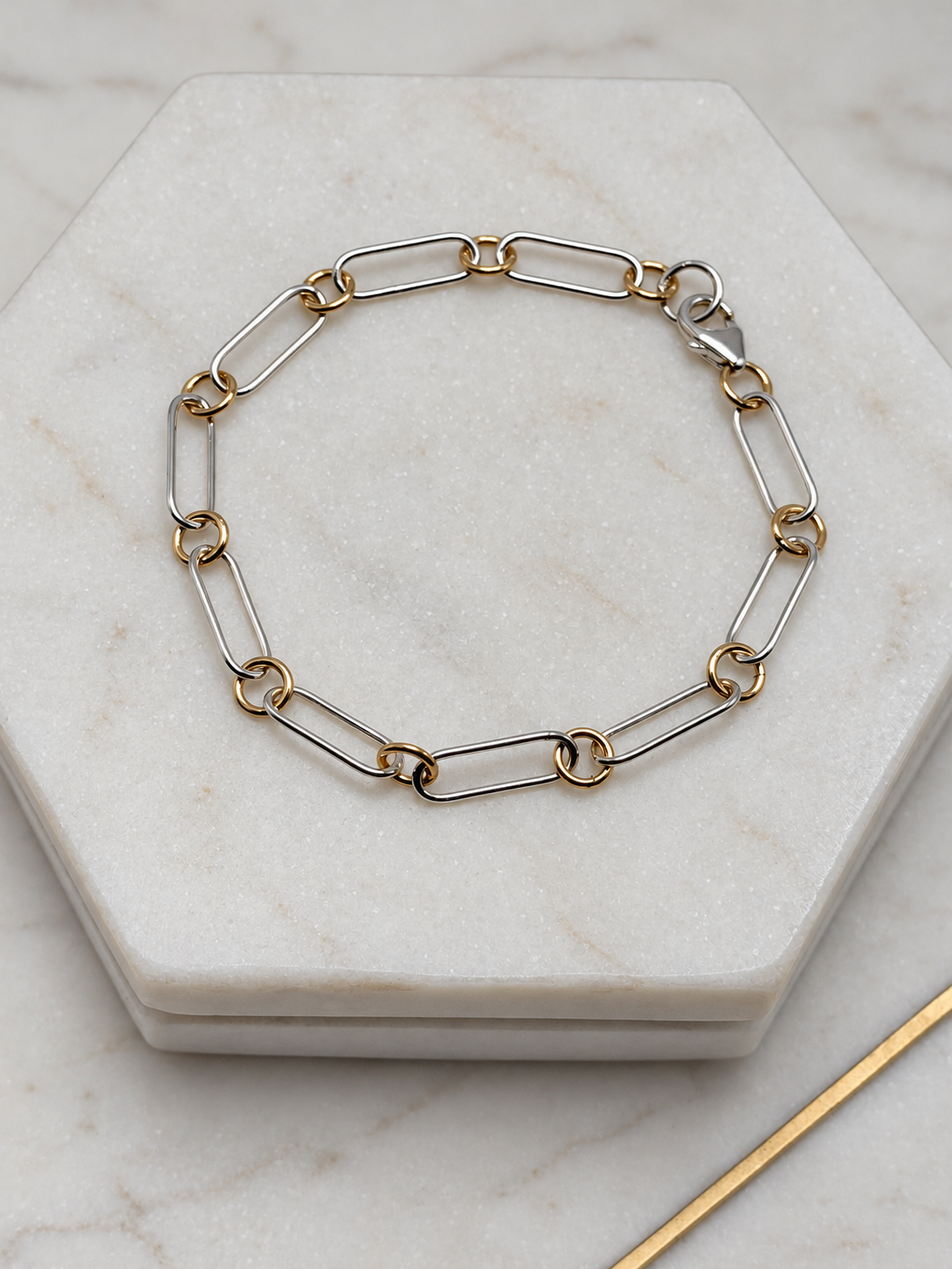 Forged sterling silver and 14k gold chain bracelet