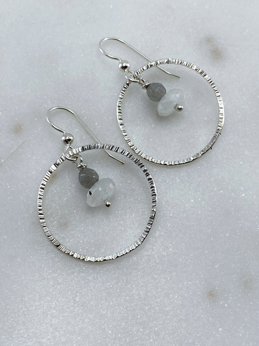 Sterling silver hoop earrings with moonstone and labradorite