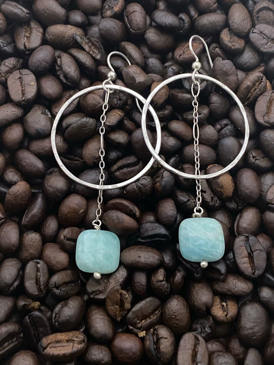 Sterling Silver forged hoop earrings with amazonite