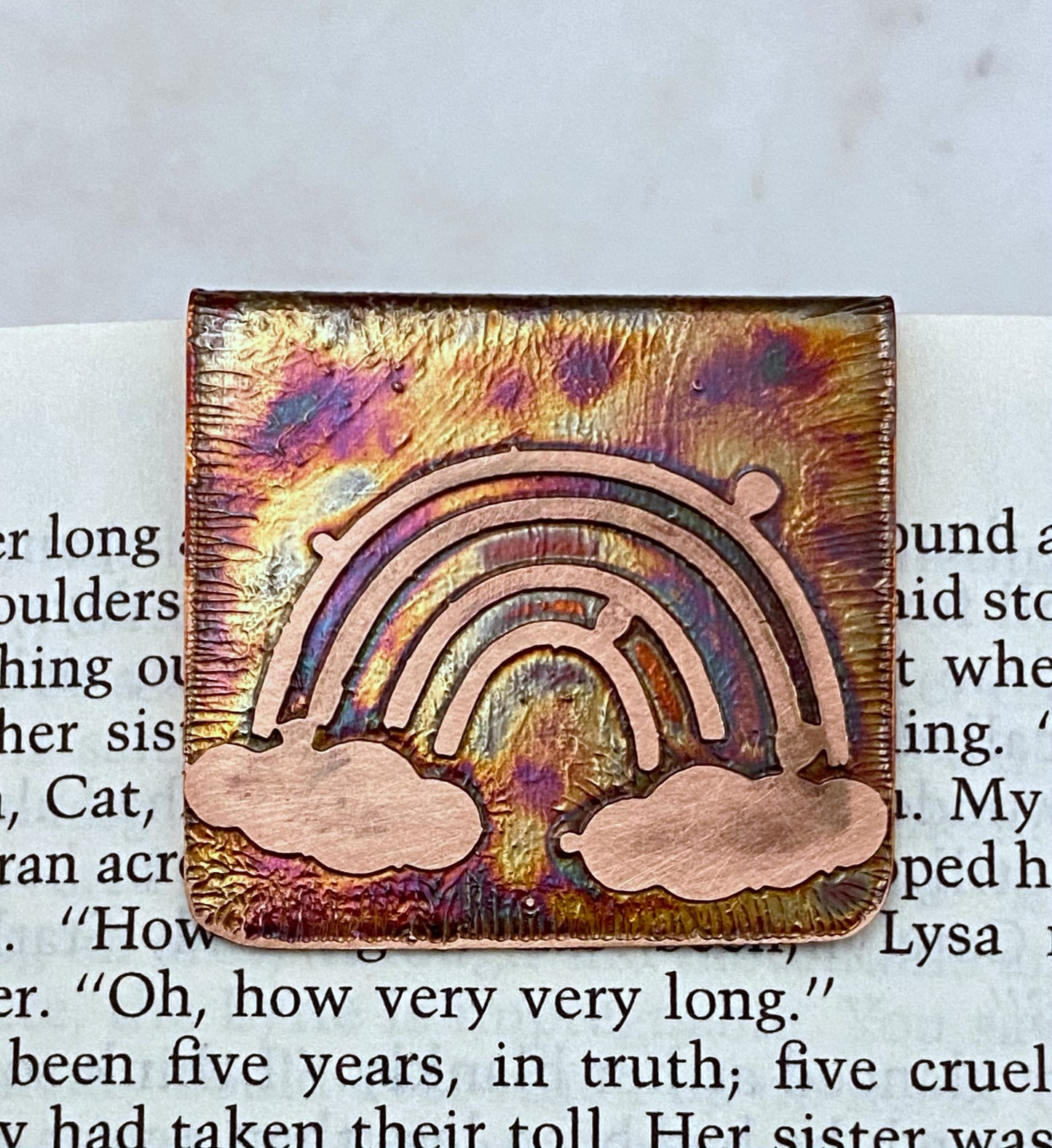 Acid etched copper rainbow bookmark