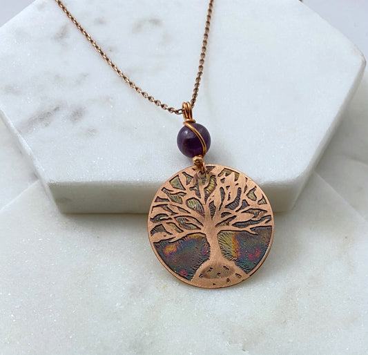 Tree necklace, copper with amethyst