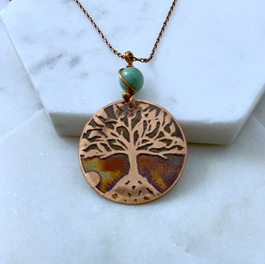 Tree necklace, copper with amazonite gemstone