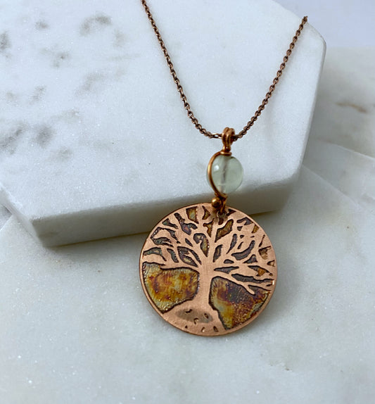 Tree necklace, copper and prehnite gemstone