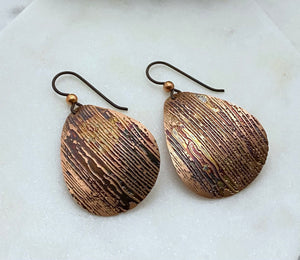 Copper acid etched teardrop earrings