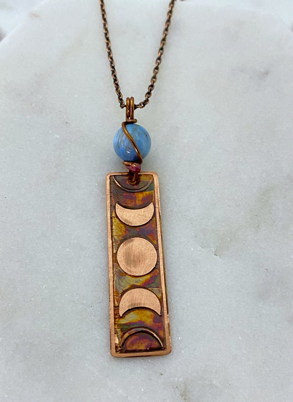 Moon phase necklace, copper with apatite gemstone