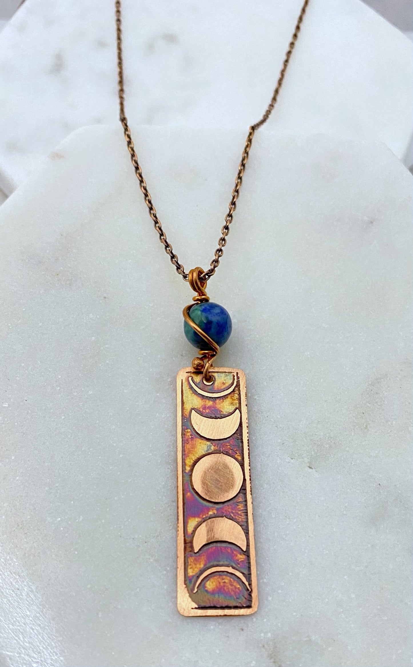 Moon phase necklace, copper with azurite chrysocolla gemstone