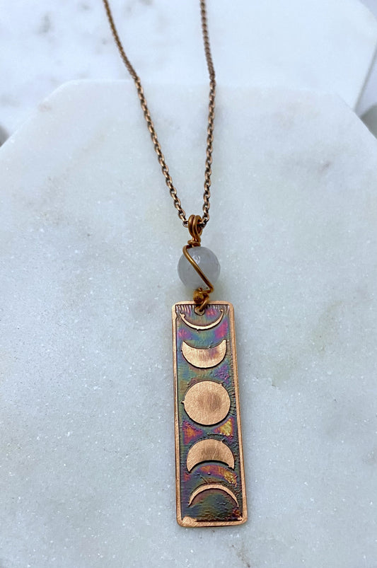 Moon phase necklace, copper with quartz