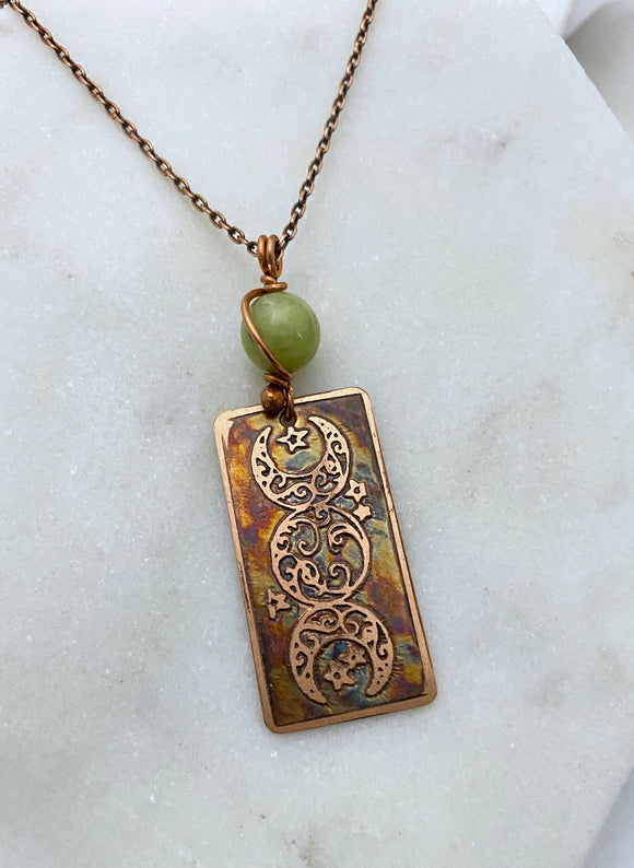 Copper and green garnet moon necklace