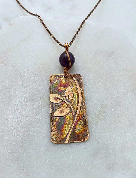 Leaf necklace copper with amethyst