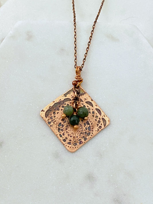 Moss agate and copper acid etched necklace
