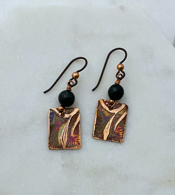 Moss agate and copper earrings