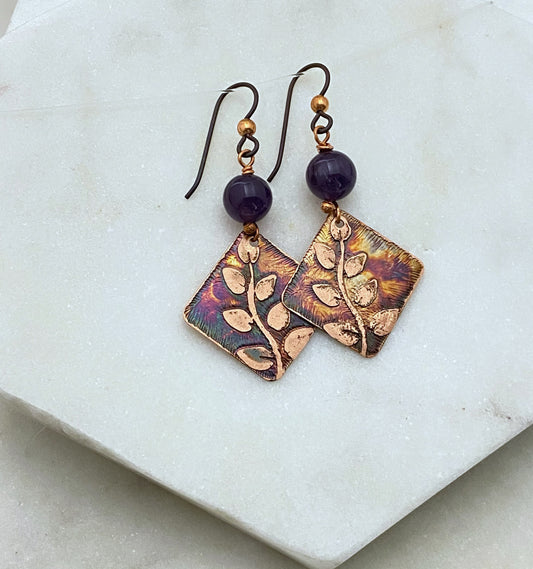 Amethyst and copper earrings