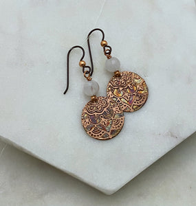 Moonstone and copper mandala acid etched copper earrings
