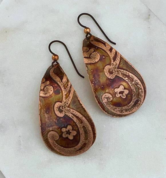 Large teardrop acid etched copper earrings