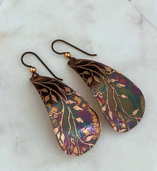Large teardrop copper earrings