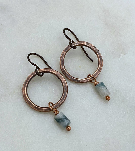 Copper hoop earrings with tree agate