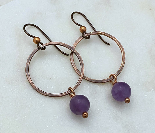 Copper hoop earrings with amethyst