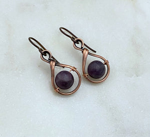 Copper teardrop earrings with amethyst