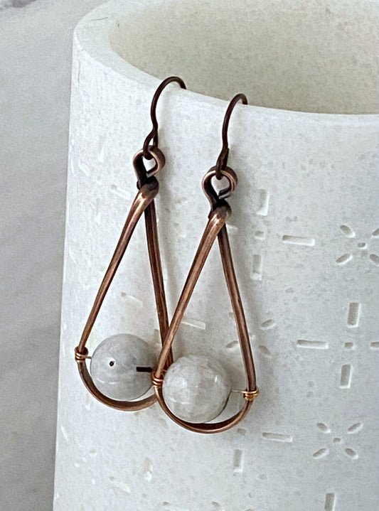 Copper teardrop earrings with moonstone