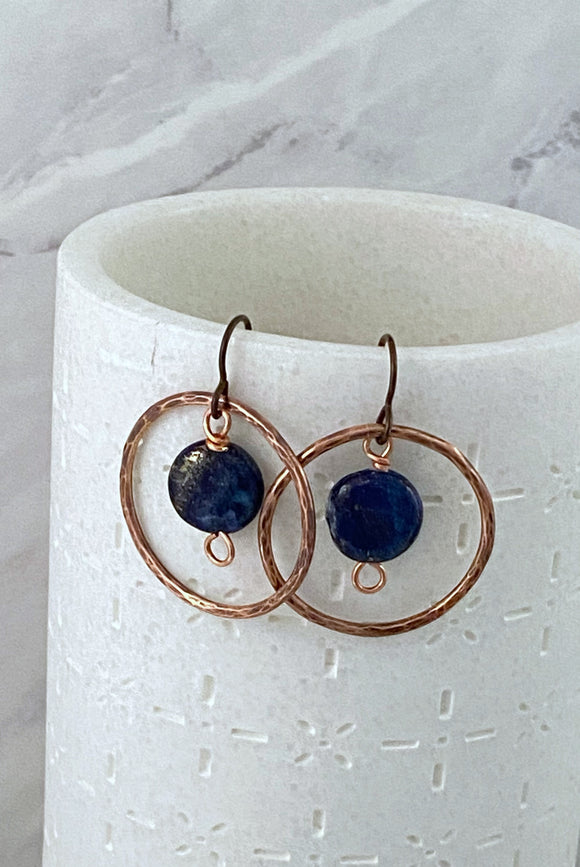 Copper and lapis hoop earrings