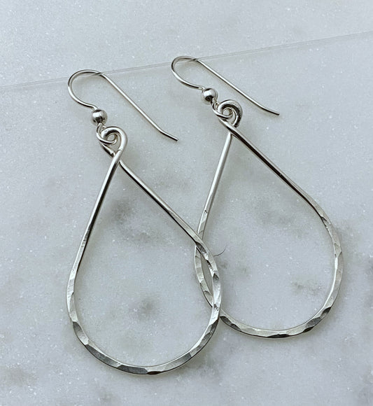 Sterling silver hammered teardrop hoops