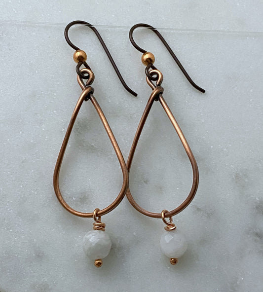 Copper teardrop earrings with moonstone