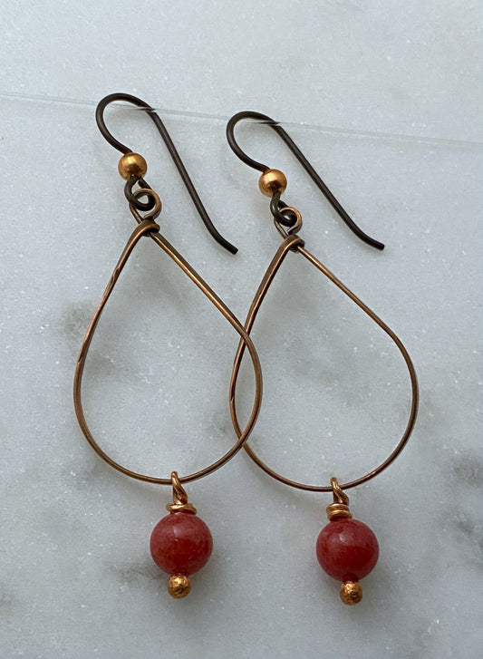 Copper teardrop earrings with coral