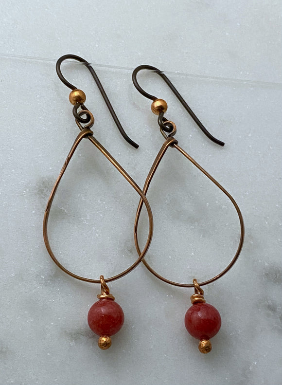Copper teardrop earrings with coral