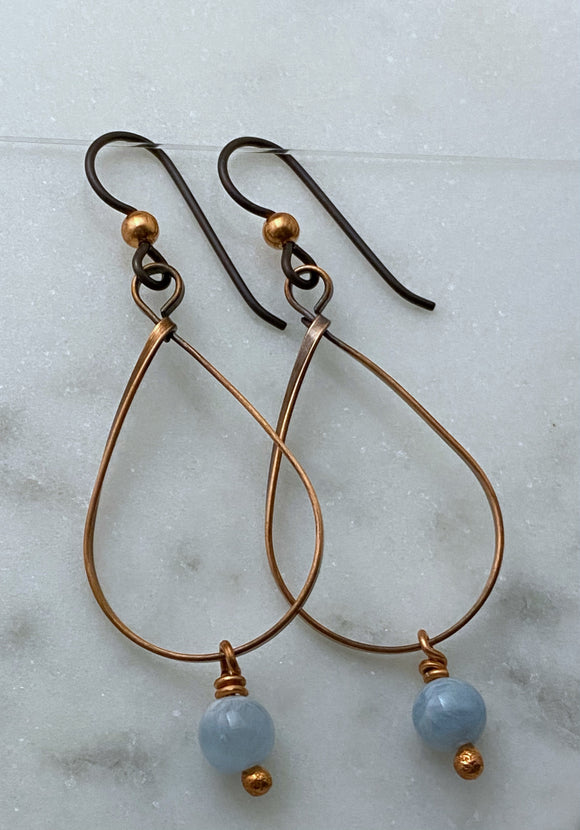 Copper teardrop earrings with aquamarine