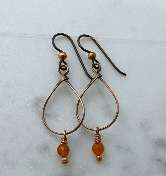 Copper teardrop earrings with carnelian