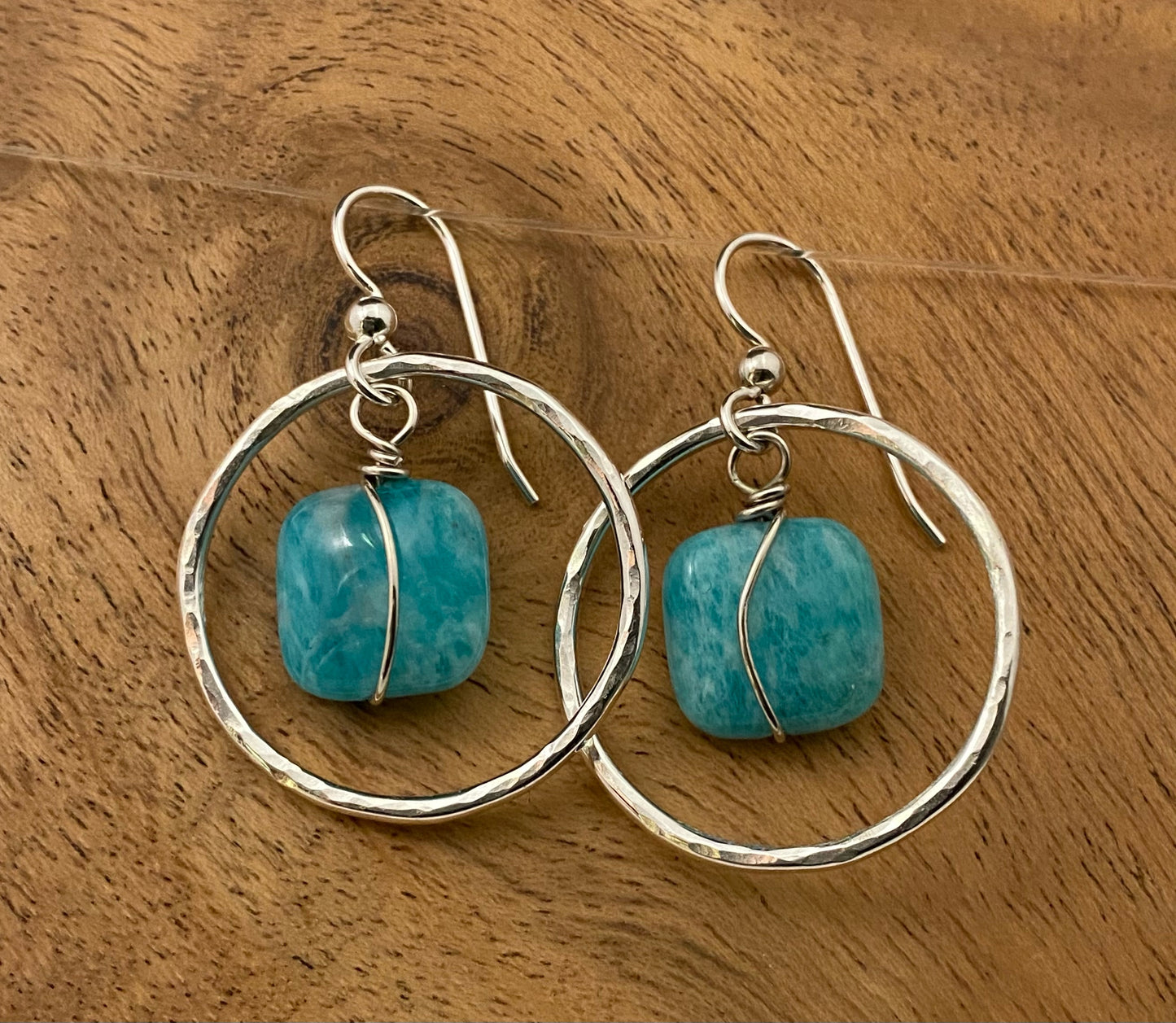 Forged sterling hoops with amazonite gemstone