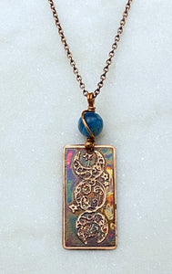 Celtic moon phase acid etched copper necklace with apatite gemstone