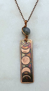 Moon phase acid etched copper necklace with moss agate gemstone