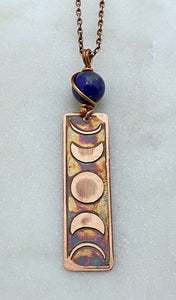 Moon phase acid etched copper necklace with lapis gemstone
