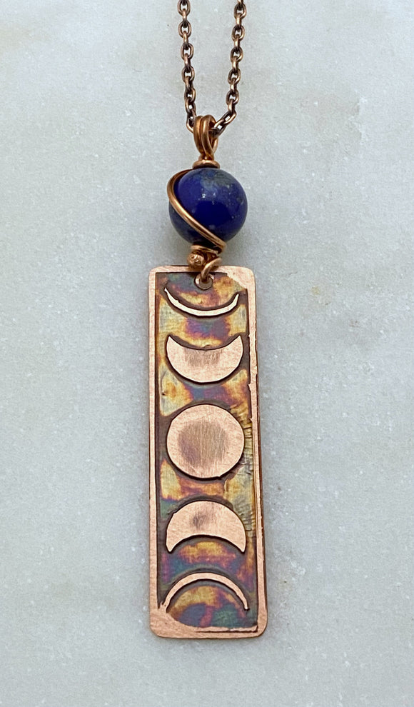 Moon phase acid etched copper necklace with lapis gemstone