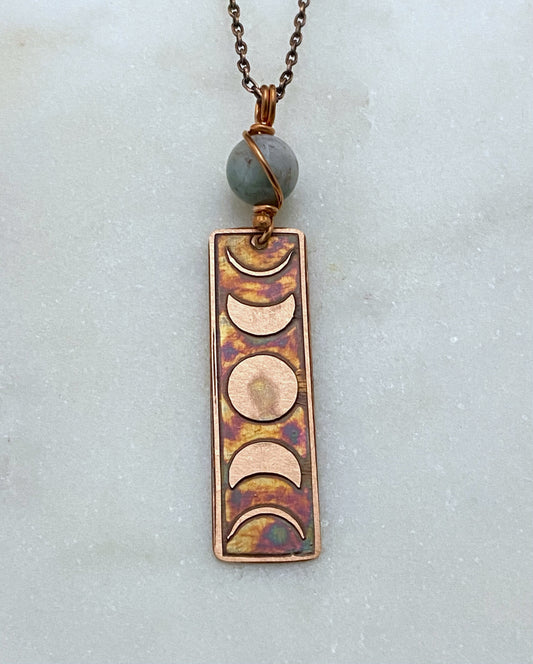 Moon phase acid etched copper necklace with fancy jasper gemstone