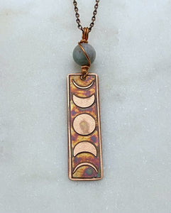 Moon phase acid etched copper necklace with fancy jasper gemstone