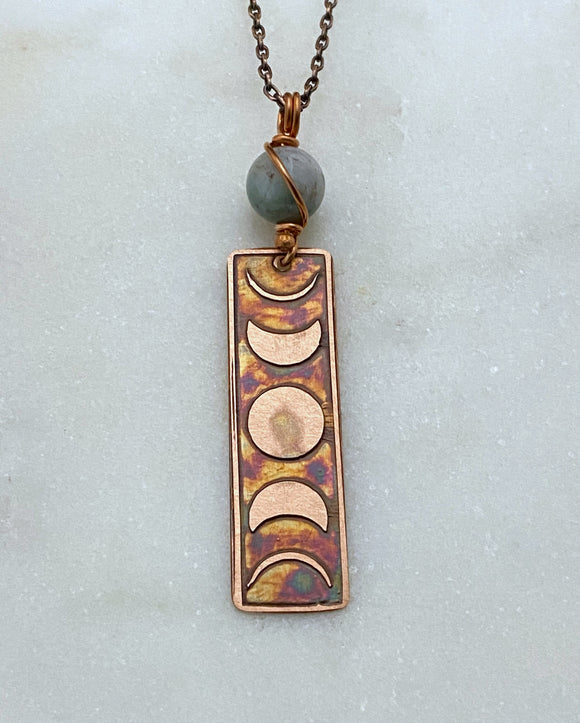 Moon phase acid etched copper necklace with fancy jasper gemstone
