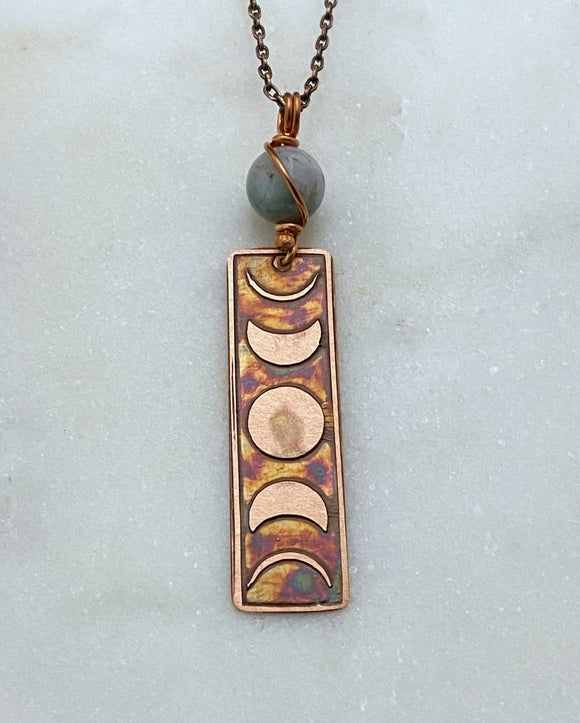 Moon phase acid etched copper necklace with fancy jasper gemstone