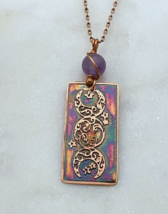 Celtic moon phase acid etched copper necklace with amethyst gemstone