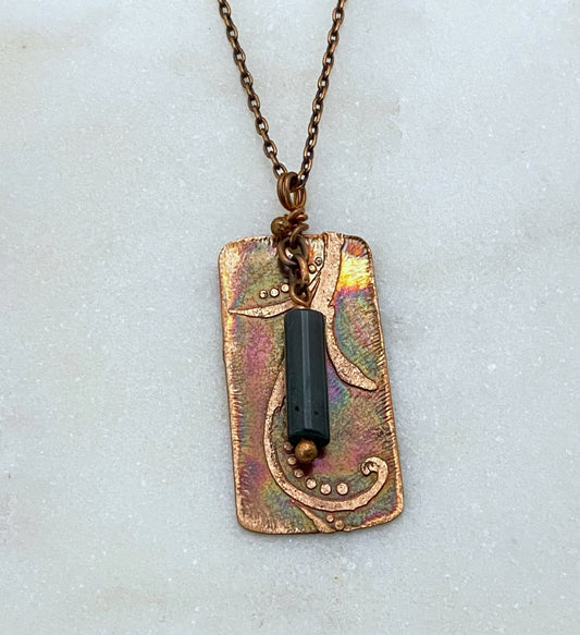 Acid etched copper necklace with a moss agate gemstone